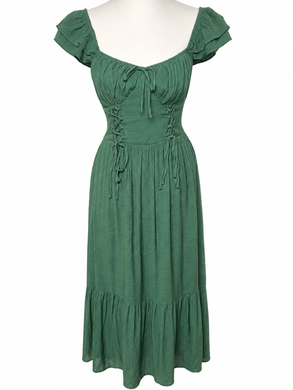 Trixxi Green Cottagecore Midi Dress Lace-Up Waist Flutter Sleeves Size: M